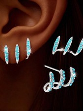 2pcs Baby Blue Minimalist Curved Ear Cuffs With Rhinestones For Women