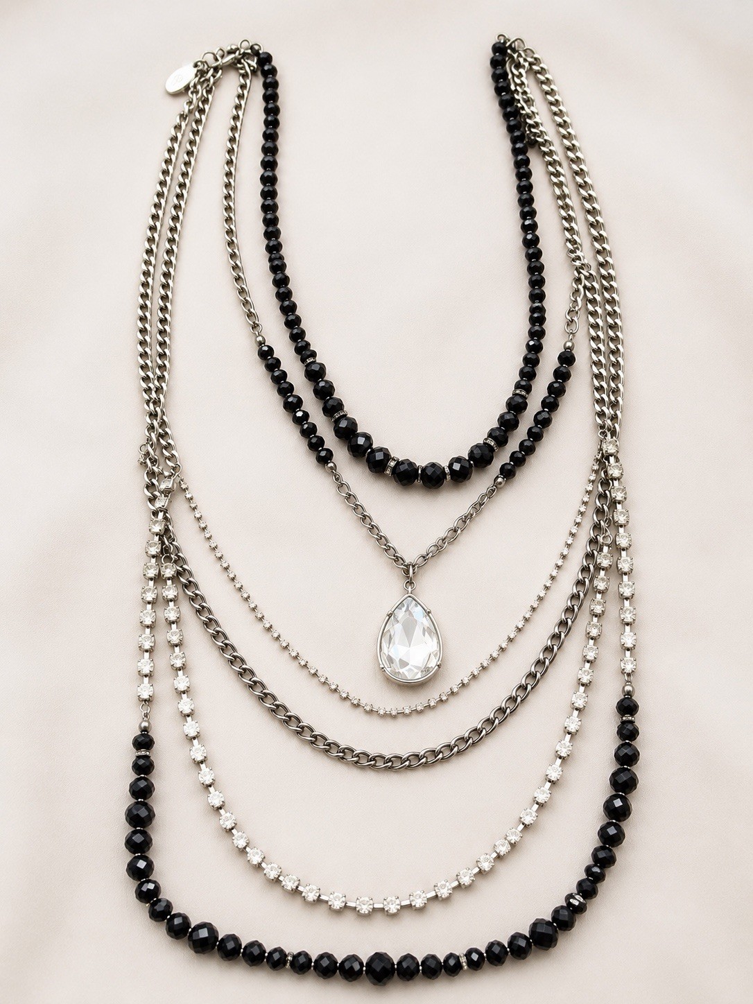 Charming Charlie Layered Multi Strand Necklace Black Faceted Beads Crystal Drop