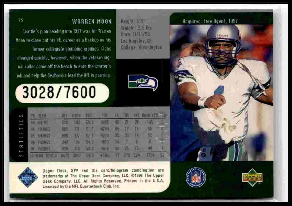 1998 SPx Finite #79 Warren Moon - Image 2 of 2