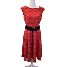 Danny and Nicole Red Black Polka Dot Fit Flare Dress 12 Faux Belted Retro Knit