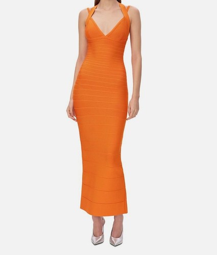 Herve Leger Women's Orange Sutton Bodycon Bandage Gown Dress Size M