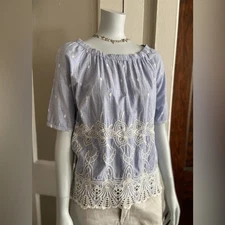 TALBOTS Blue Floral Embroidered Stretch Scoop Neck Blouse size XS