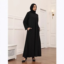 Solid Color Long Sleeve Maxi Dress Abaya Muslim Women Kaftan Ramadan Dubai Scarf