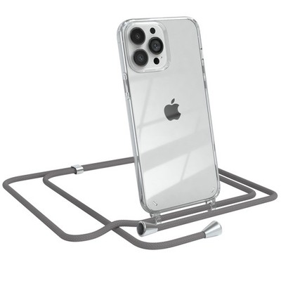 Für Apple iPhone 13 Pro Max Handyhülle zum Umhängen Kordel Tasche Kette TPU Grau