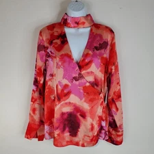 Bold Elements Women's Mock Neck Long Sleeve Medium Wrap Shirt Pink Water floral