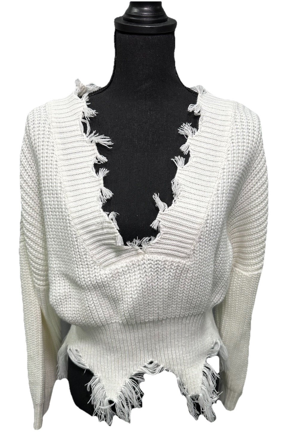 Fashion Nova  Womens Size M White Distressed Cropped V Neck Long Sleeve Sweater