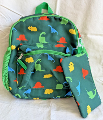 Mad Maverick Green Primary Color Dino backpack 12 x 3 x 9 + flat pouch 7 x 3