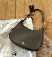 AIGNER Ladies Shoulder Bag Leather Grey Crescent Moon Zip Dust Bag