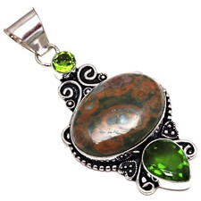 Pendant Rainbow Calsilica Peridot Quartz Gemstone Silver Jewelry 2.75"