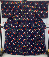 Japanese Vintage Kimono Cotton Navy Traditional Authentic Length 56 in