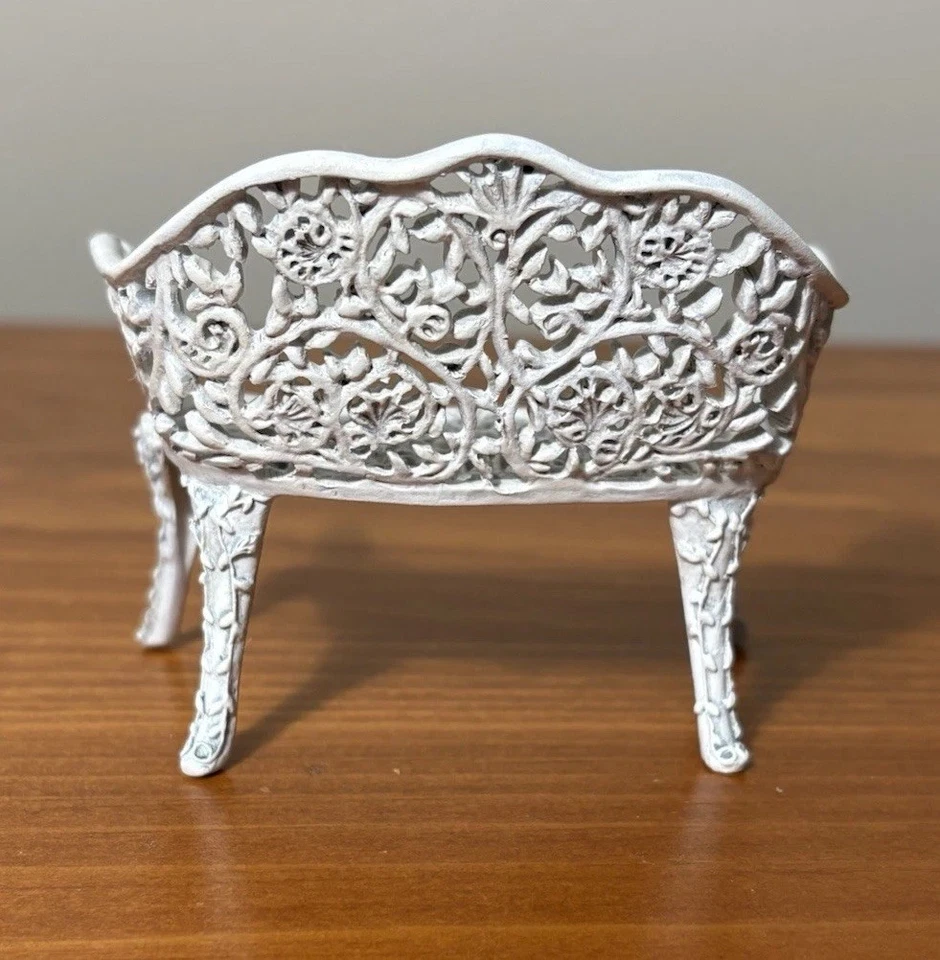Ornate Dollhouse Heavy Wrought Iron White Garden Bench Miniature Furniture NOS - Image 4 of 4