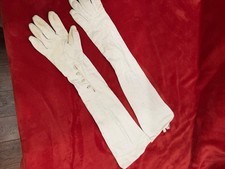 Ivory Leather Opera Gloves Long Formal Bridal Pearl Button Carolina Amato Size 7