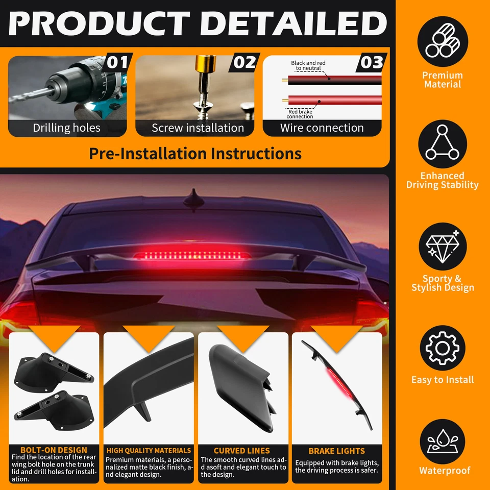 Alerón trasero deportivo de 52" con luz LED de freno para Ford Mustang 1970-1973 Foto 3 de 4