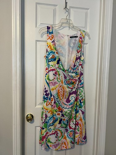 LAUREN RALPH LAUREN Multicolor Fully Lined Floral Print Faux Wrap Dress Sz 12 - Picture 10 of 11