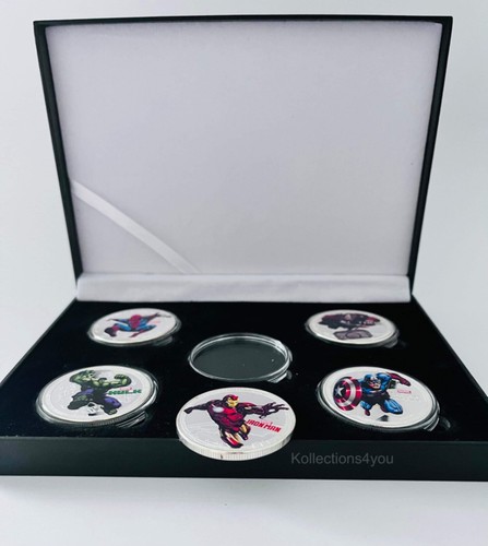 Marvel Superheroes - Iron Man Spiderman Thor Hulk 5 Silver Plated Coins Box Set - Picture 2 of 4