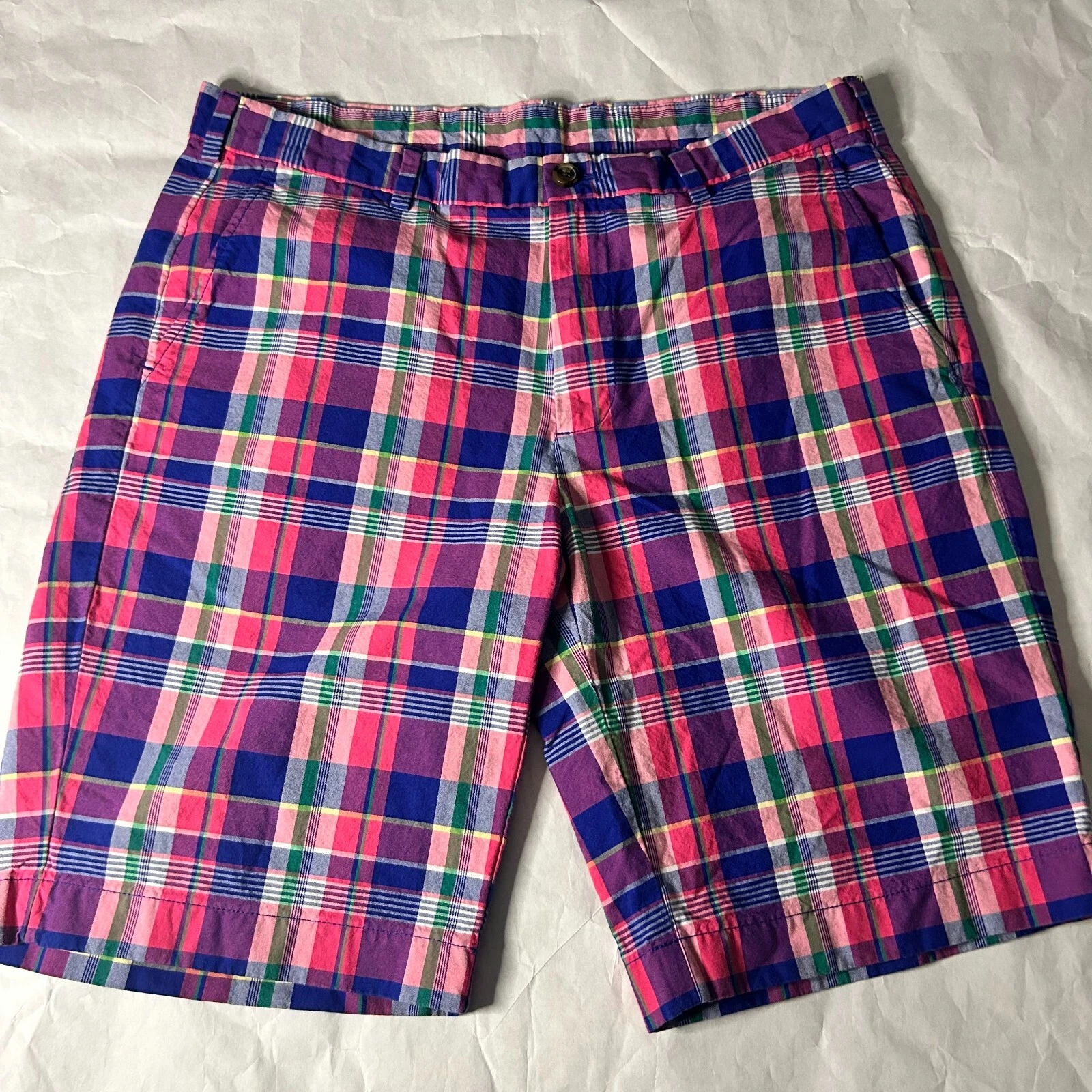 Brooks Brothers Chino Short Mens 36 Blue Plaid Slash Pockets Flat Front Cotton