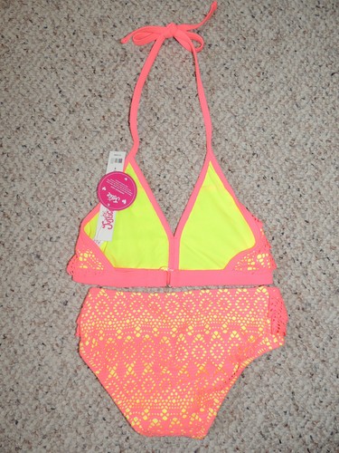 Justice 2 Piece Swim Suit Bikini Swimsuit Coral Pink Yellow Girls 5 6 - Picture 2 of 2