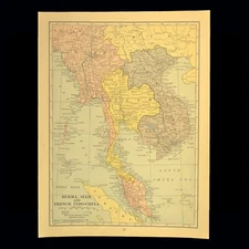 1930s Vintage SOUTH EAST ASIA Map Indochina Thailand Siam Burma Original Antique