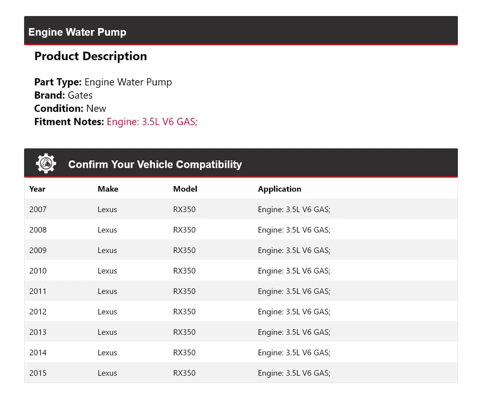Ворота водяного насоса газового двигателя V6 для Lexus RX350 3,5 л 2007-2015 годов выпуска 2008 2009 2010 годов выпуска - Изображение 2 из 4