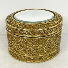 Vintage Trinket Dish Jewelry Storage Rose Flower Lid Filigree Gold Tone