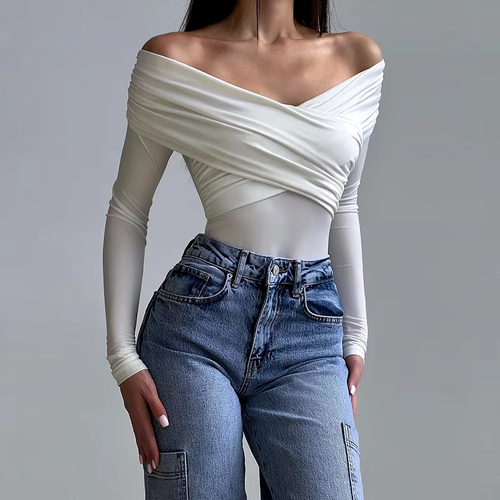 Sexy off Shoulder Bodysuits Women Fashion Black Crossed Folds Skinny Rompers Lon