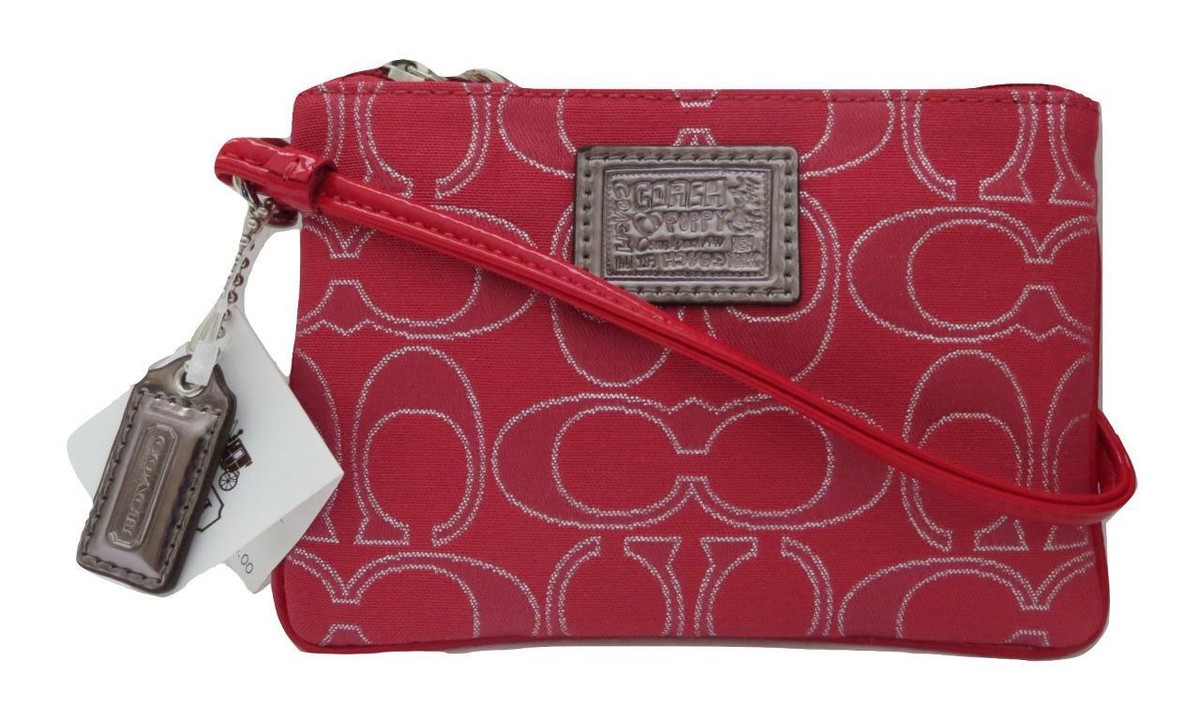 New NWT Coach Poppy Ruby Red and Silver Signature Wristlet