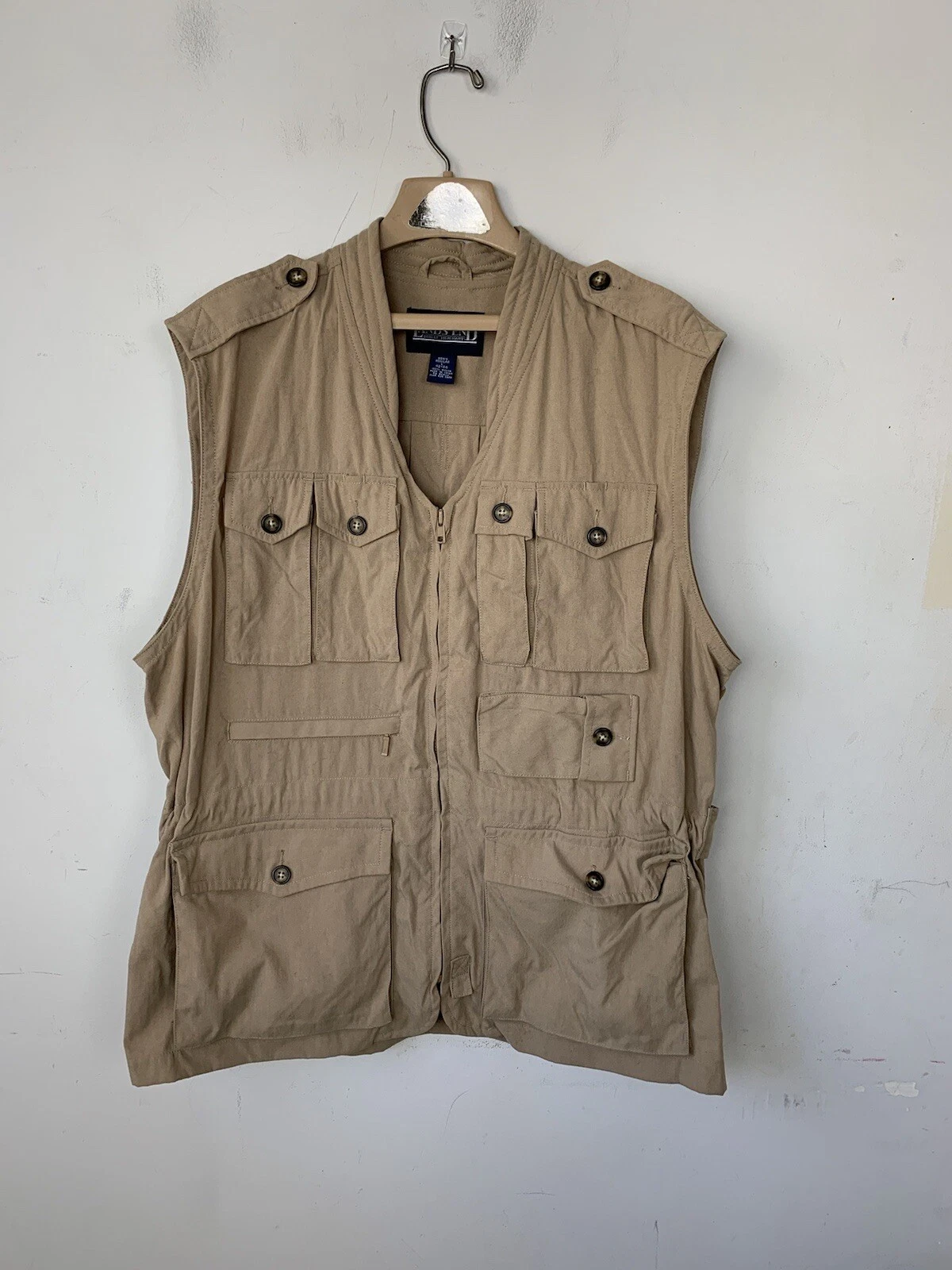 Lands End Men Vest Large Fishing Hunting Utility Zip Tactical Safari Nylon Khaki