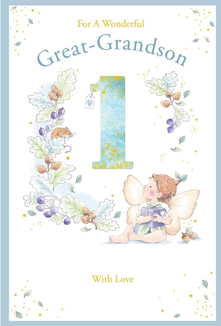 Great Grandson 1st Birthday Card Age 1 Acorn Pixie 9'' x 6'' with a Lovely Verse