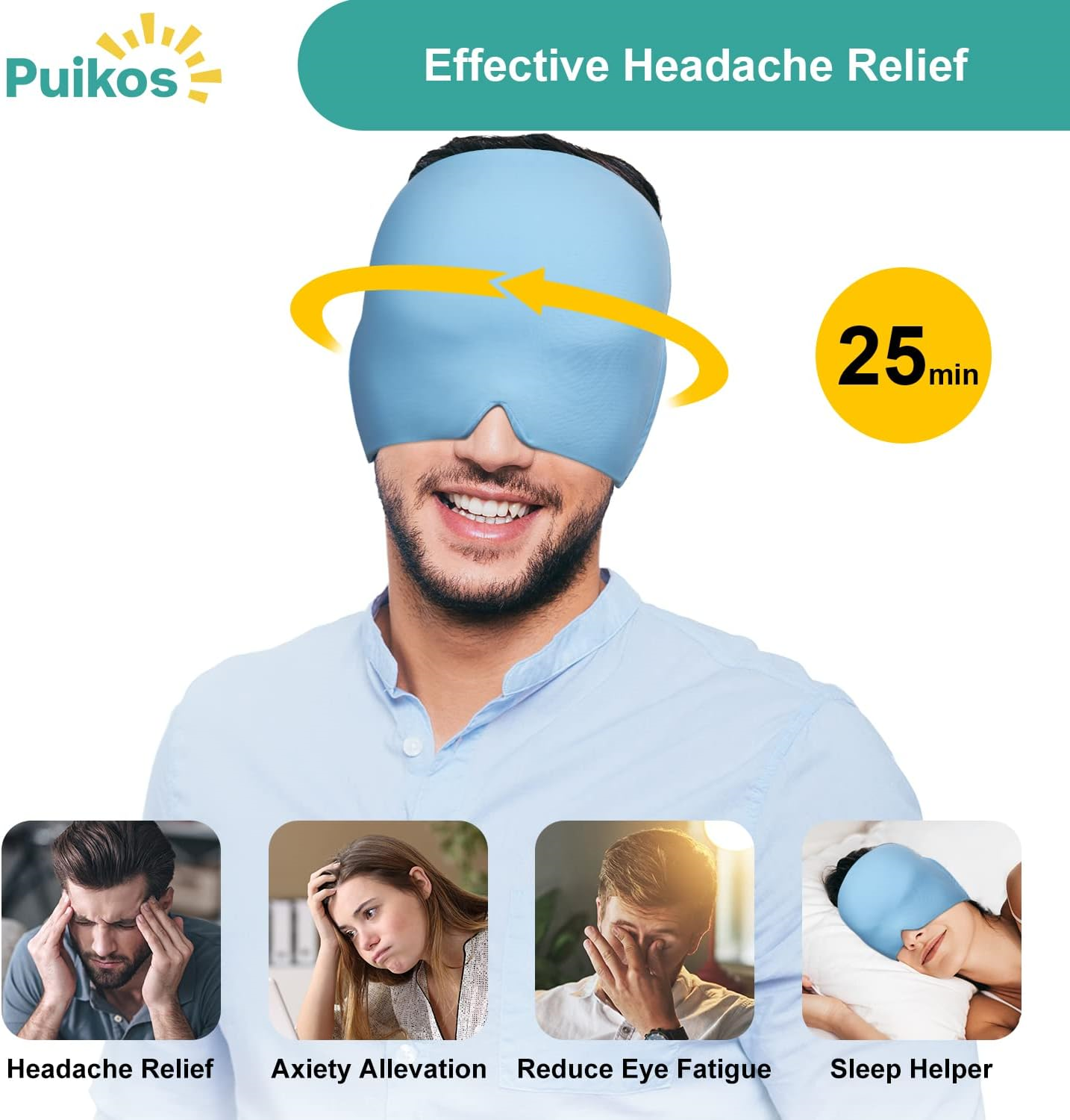 Puikos Migraine Relief Cap Headache Hat Eye Mask Head Wrap Ice Pack