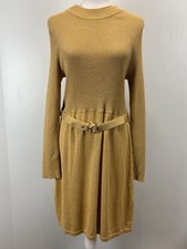 Free People French Girl Gold Metallic Sweater Dress Sz Small Belted Stretch