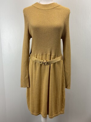 Free People French Girl Gold Metallic Sweater Dress Sz Small Belted Stretch  | eBay