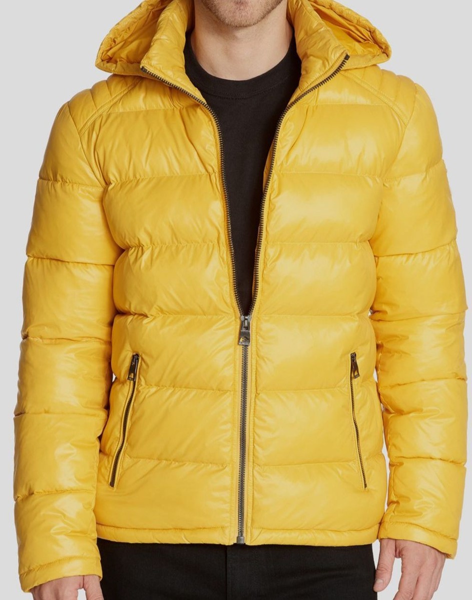 $225 Guess Men's Yellow Hooded Puffer Water Wind-Resistant