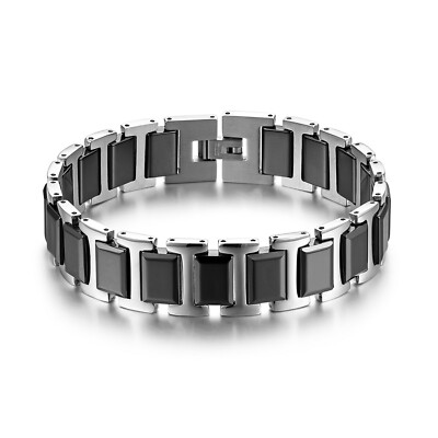 8.46'' Heavy Stainless Steel Ceramic Bracelet for Men Link Chain Black Wristband