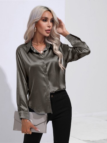 Elegant Women Satin Shirt Solid Color Long Sleeve Blouse Casual Button Down Tops - Picture 107 of 117