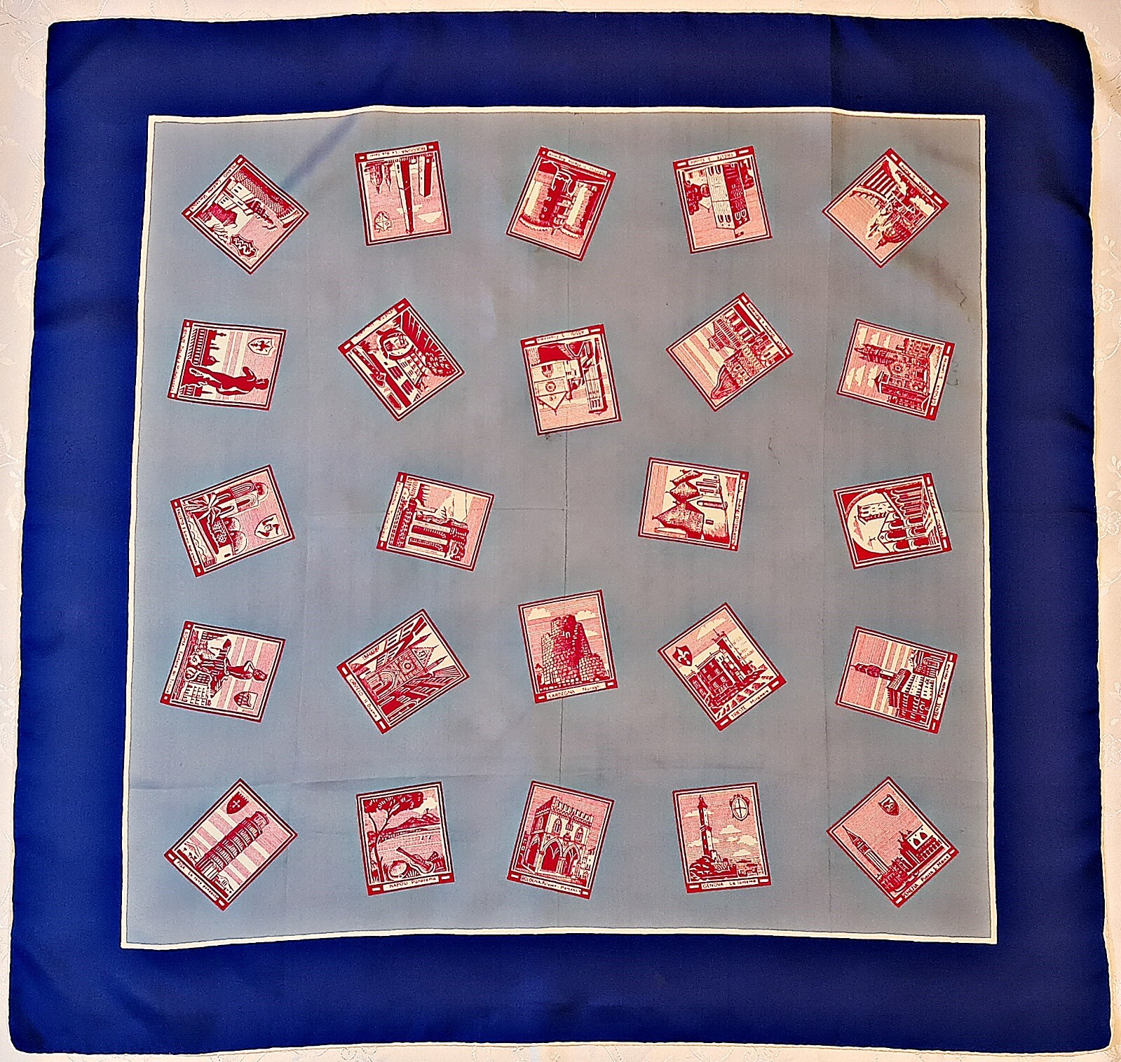 Vintage Italian Cities Blue Silk Scarf 34