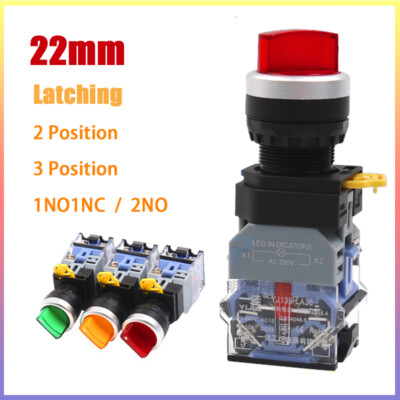 22mm Latching Rotary Switch LED Power 2 Position & 3 Position Button 1NO1NC 2NO