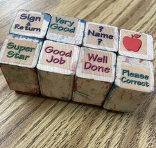 Lot of 8 Well-loved Teacher Wood-Mount Rubber Stamps: Name Super Star Well Done