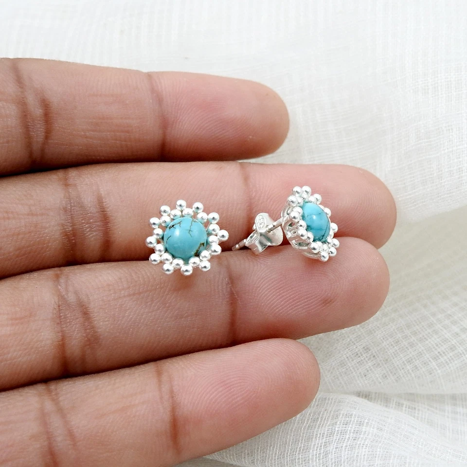 Natürlich Türkis Edelstein 925 Sterlingsilber Minimalist Ohrstecker Schmuck - Bild 4 von 4