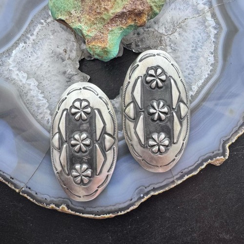 Leander Tahe Native American Sterling Silver Large Oval Repousse Post Earrings - Picture 2 of 10