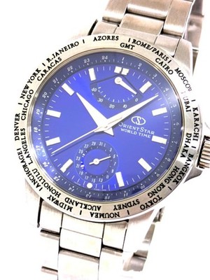 Orient Star WORLD TIME FA00-C0 blaues Zifferblatt Automatik Herrenuhr gebrauc...