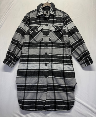 Halogen Flannel Longline Shacket Women S Gray Black Plaid Button Front Oversized