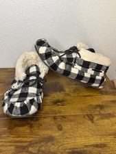 Minnetonka Cozy Slipper Moccasin Black White Plaid Fleece Women  s 10 Booties