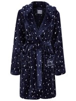 Women's Navy Blue Fleece Dressing Gown Hooded Moon Star Soft Bath Robe Size S
