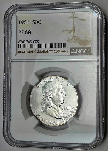 1961 50C Proof 90% Silver Franklin Half Dollar NGC Graded PF 68 in New Holder