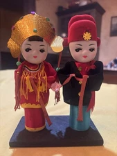 Vintage Asian Doll Pair Traditional Costume Wedding Bride & Groom Wood Peg Dolls