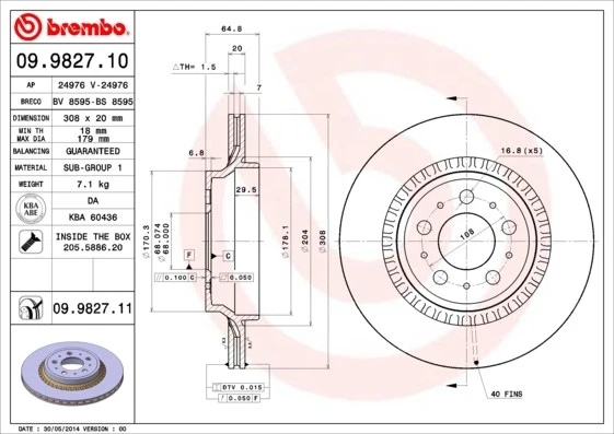 2x BRAKE DISC 09.9827.11 FOR VOLVO XC90/SUV D5244T5/5244T4 2.4L D 5244 T 2.4L - Image 2 of 4