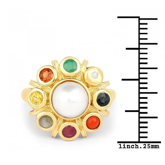 Women’s Pearl & Ruby Sapphire Emerald Diamond in 18K Yellow Gold Over SS Ring - Image 2 of 3