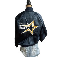 VINTAGE MADE IN USA - 80s NEMESIS SPORTSWEAR men's Satin BLUE bomber jacket MED