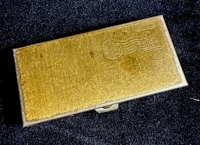 Vintage 1958 Engraved Brass Metal Stamp Box With Curved Bottom
