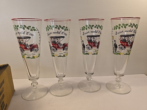Lot of 6 Libby Horseless Carriage Footed Pilsner Drinking Glasses 1905 Buick - Picture 2 of 13